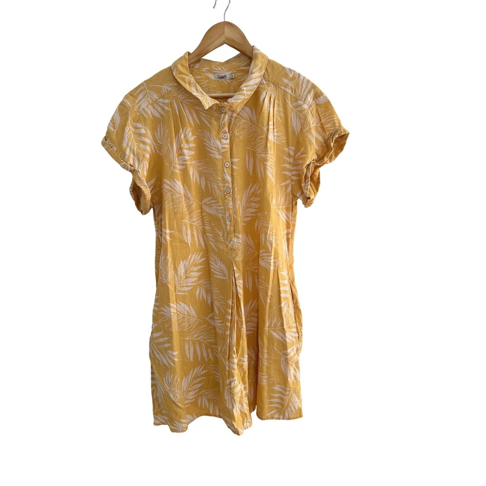 Faherty Hana Dress Palm Leaf Gold Mini Dress Linen Blend Large